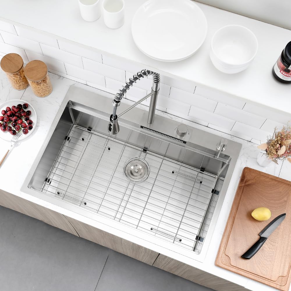33 Inch Drop In Waterfall Kitchen Sink, 33x22 Drop in Kitchen Sink with Faucet Workstation Kitchen Sink 16 Gauge Stainless Steel Single Bowl Multifunctional Modern Kitchen Sink