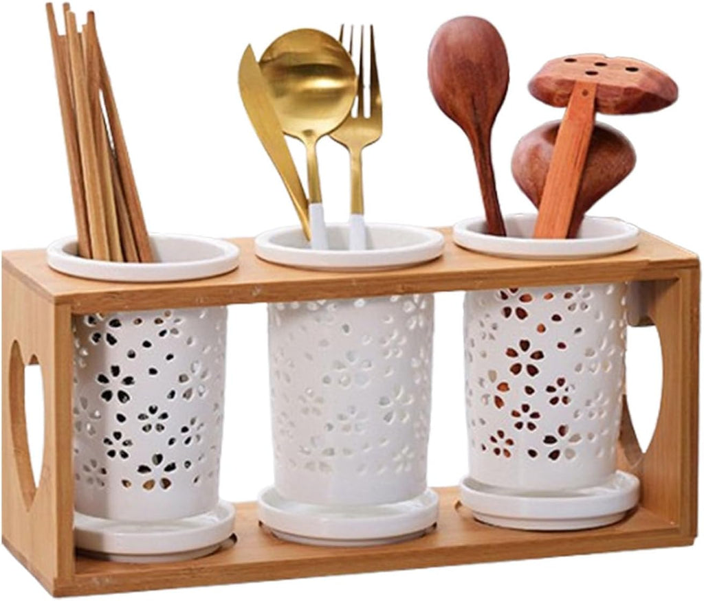 Cup Storage Holder,Bamboo Utensil Holder Set - 3 Ceramic Caddies with Drain Tray for Kitchen Counter, Ideal for Spoon, Fork & Knife Organization，M 12in