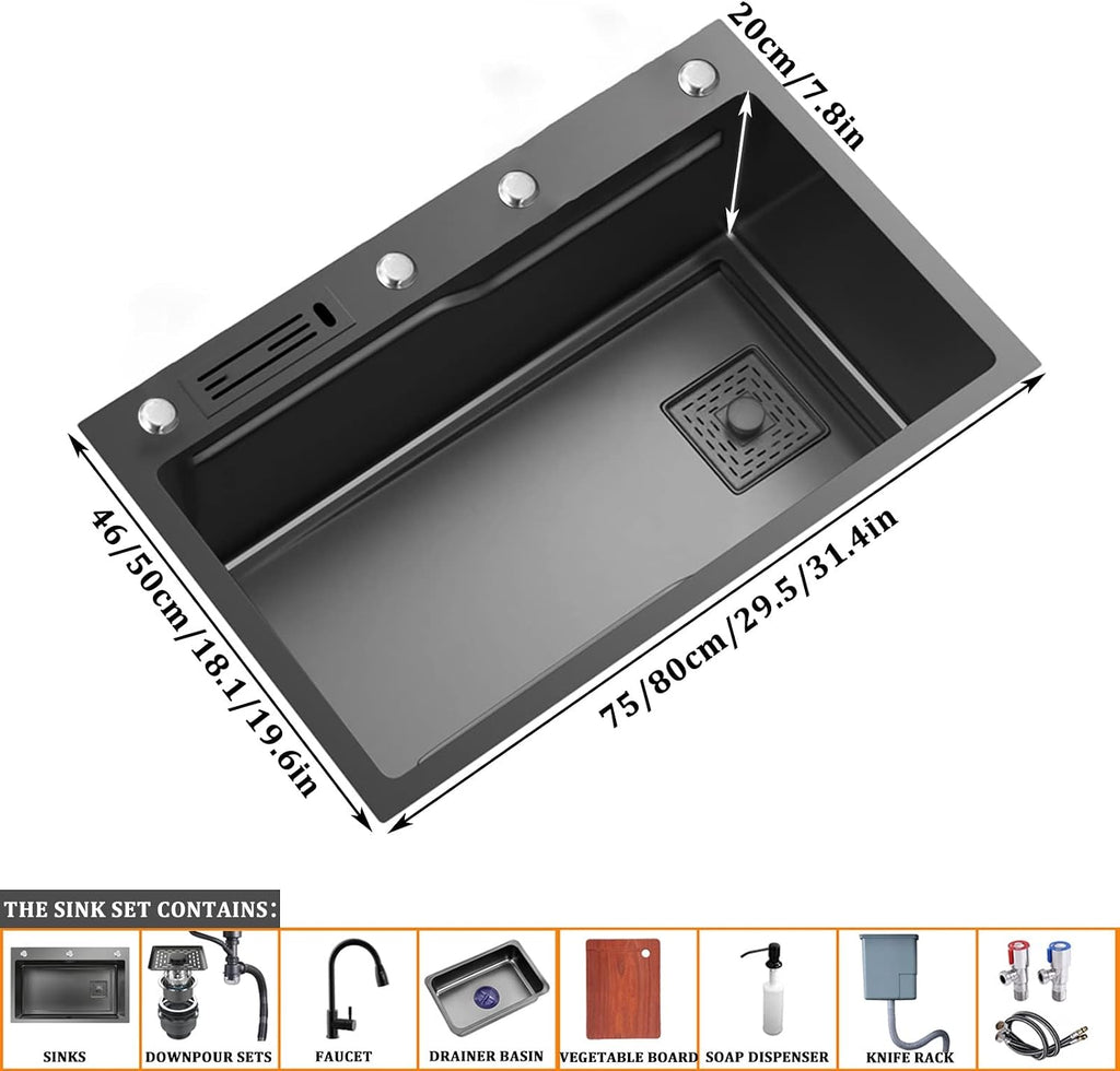 Generic 304 Stainless Steel Single Bowl Kitchen Sink Square Bar Sink Rv Sink with Pull-Out Faucet and Drainage Cponents Top Mount Or Undermount (Color : Black-A, Size : 80x50x20cm)