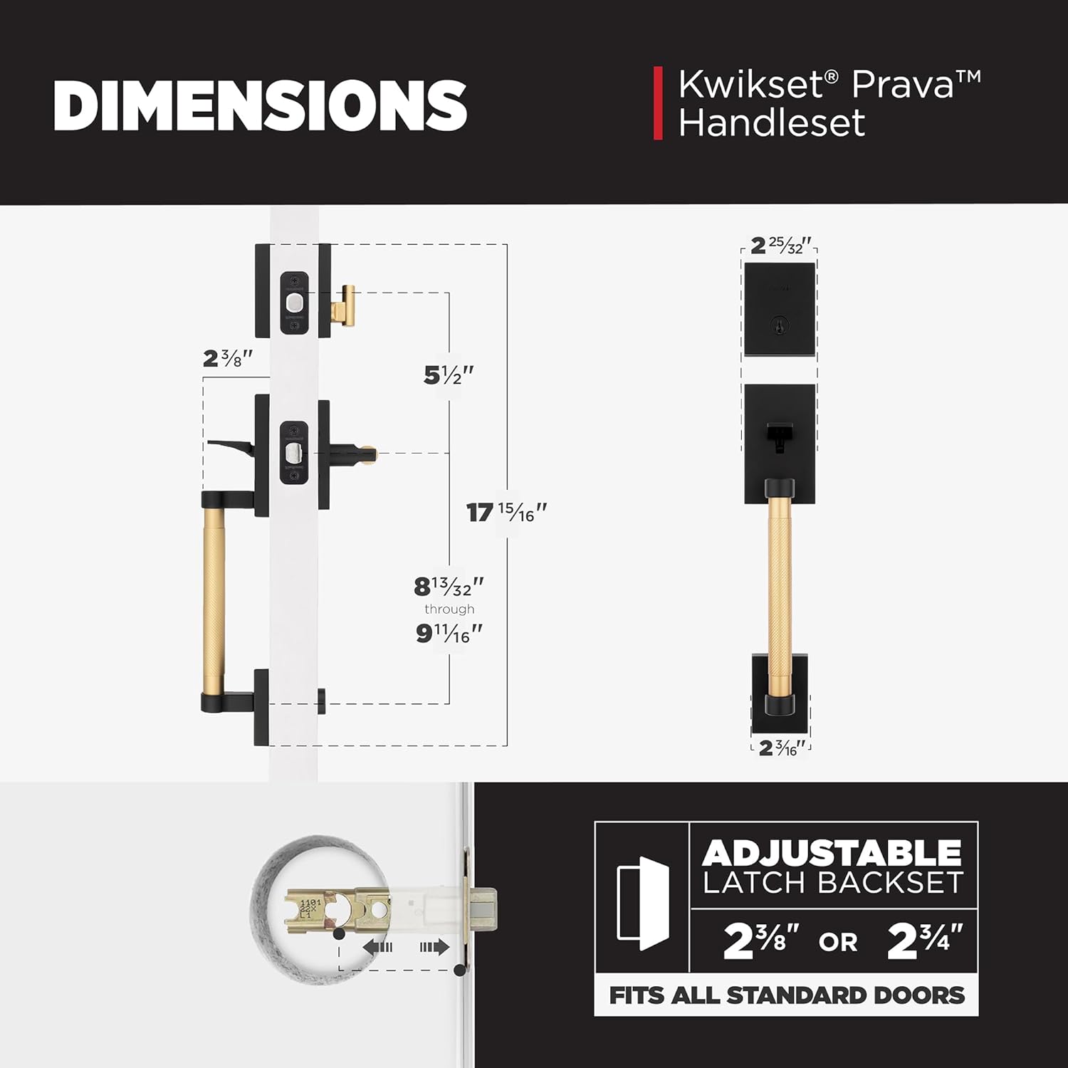 Kwikset Prava Front Door Lock Handle and Deadbolt Set, Entry Handleset Exterior with Interior Reversible Lever, Matte Black and Satin Brass, Pick Resistant SmartKey Deadbolt, with Microban Protection