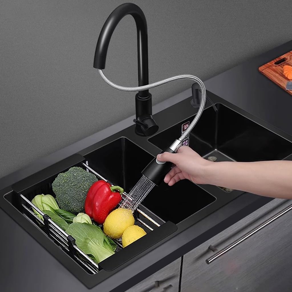 OM Black Nano Double Bowl Kitchen Sink Multifunctional Stainless Steel Bar Sink with Pull-Out Faucet Drain Basket Soap Dispenser Drainage Component (Black-72x40x21cm