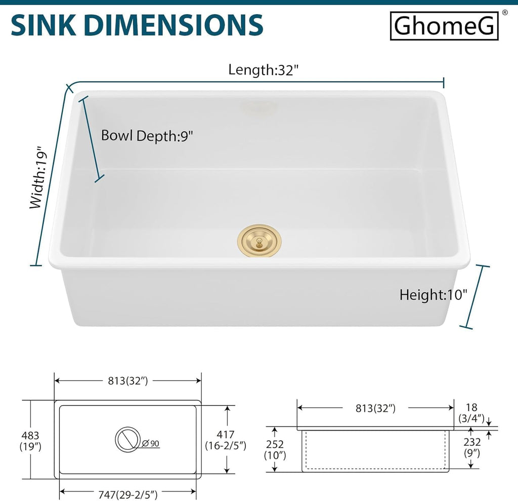 White Kitchen Sink 32 Inch Fireclay Porcelain White Undermount Kitchen Sink 32'x19'x10' Glossy White Single Bowl Sinks Basin