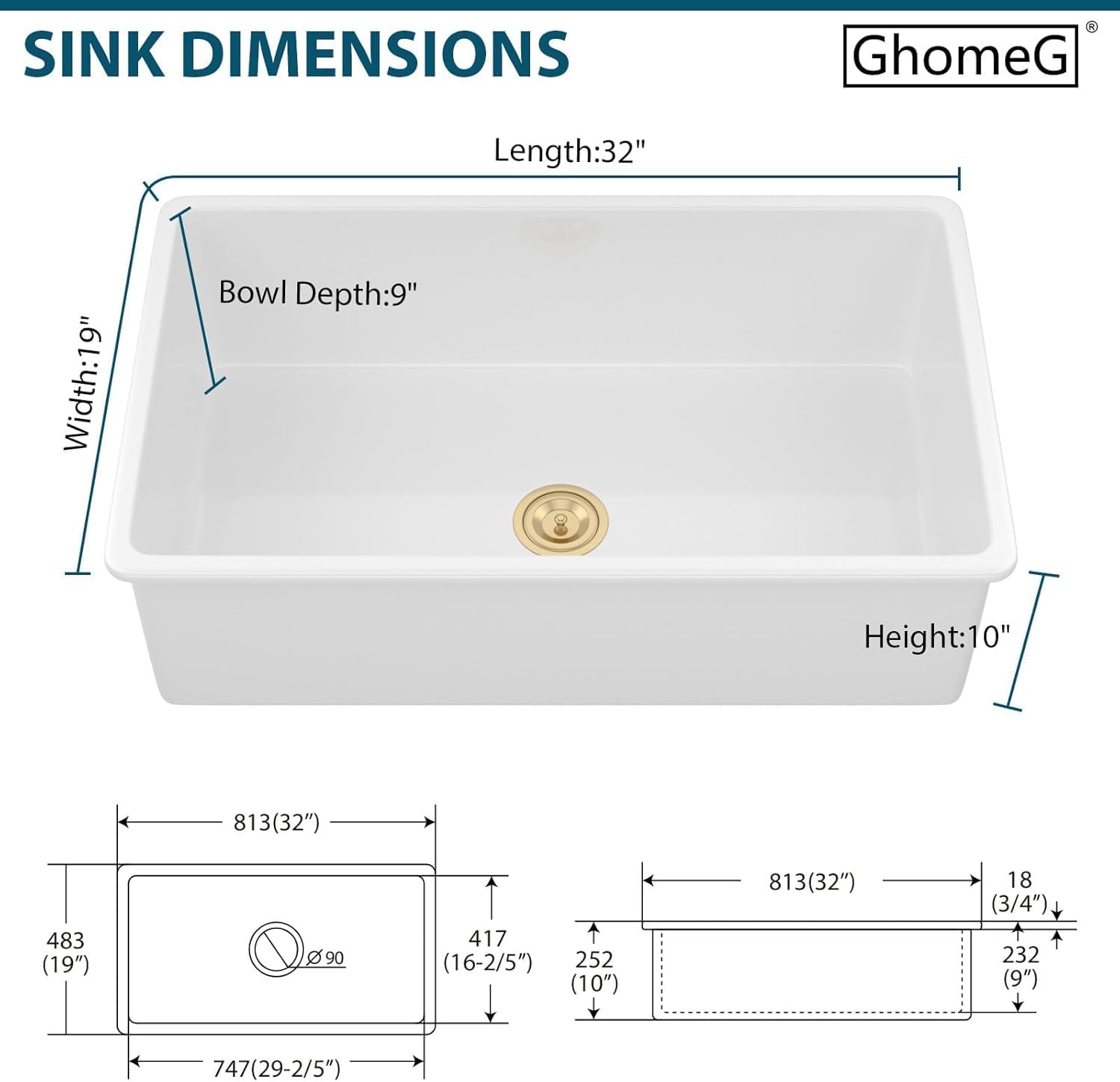 White Kitchen Sink 32 Inch Fireclay Porcelain White Undermount Kitchen Sink 32'x19'x10' Glossy White Single Bowl Sinks Basin