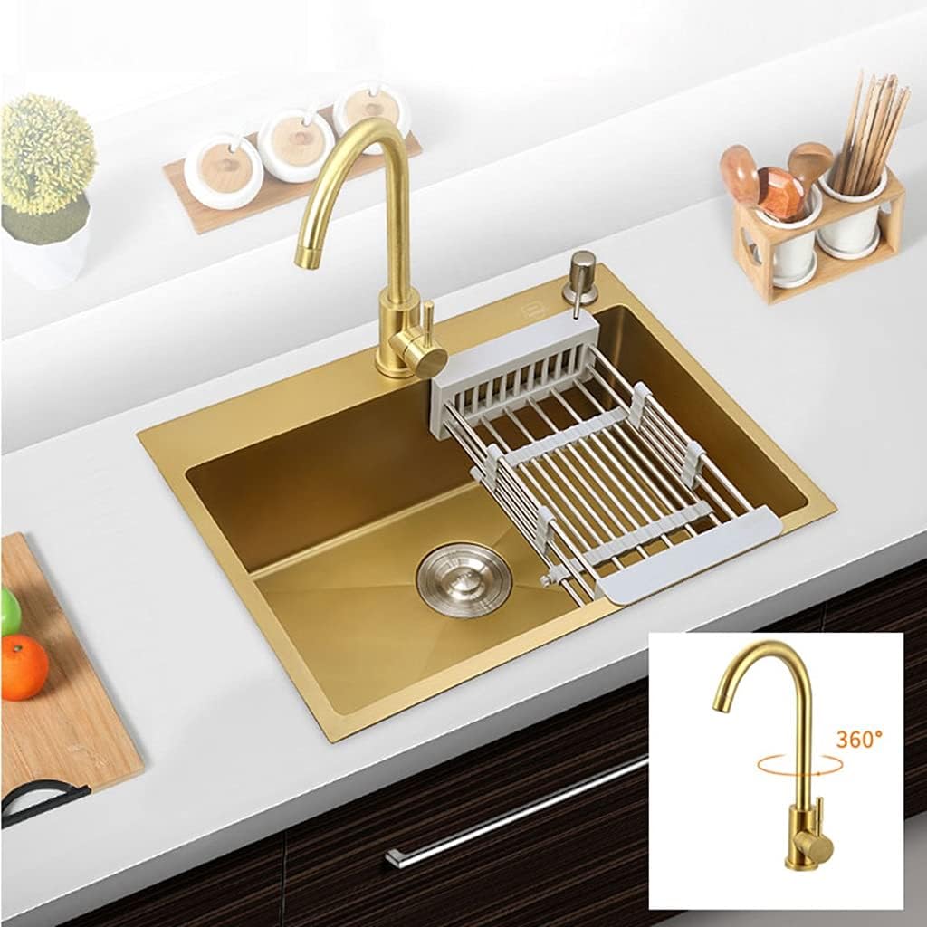 Kitchen Sink Brushed Gold Single Bowl Stainless Steel Drop-in Or Undermount with Curved Faucet and Installation Kit (Color : Gold, Size : 45×40×21cm) (Gold 45×40×21cm)