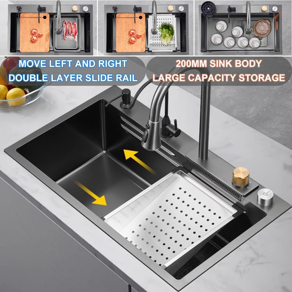 304 Stainless Steel Single-Bowl Kitchen Workstation Sink Nano-Coated Workstation Sink With Pull-Out Faucet And Cup Washer Complete Accessory Set (Color : Black, Size : 80x45x22cm) (Black 80x45x22
