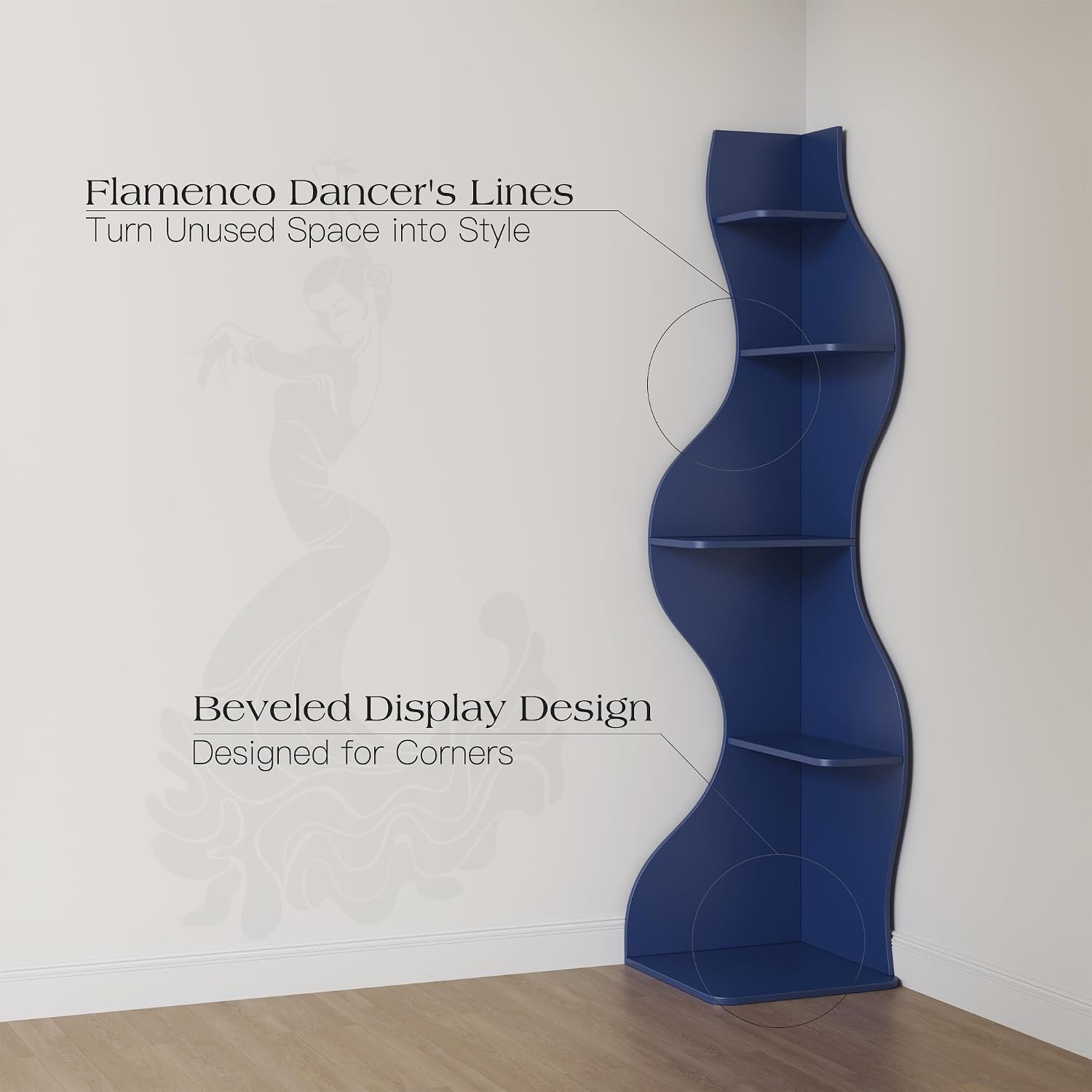 YOWOS 69.4' 5-Tier Modern Corner Bookshelf – Wavy Wooden Display Shelf with Storage, Narrow Corner Bookcase for Small Spaces, Ideal for Plants, Books & Decor (Blue)