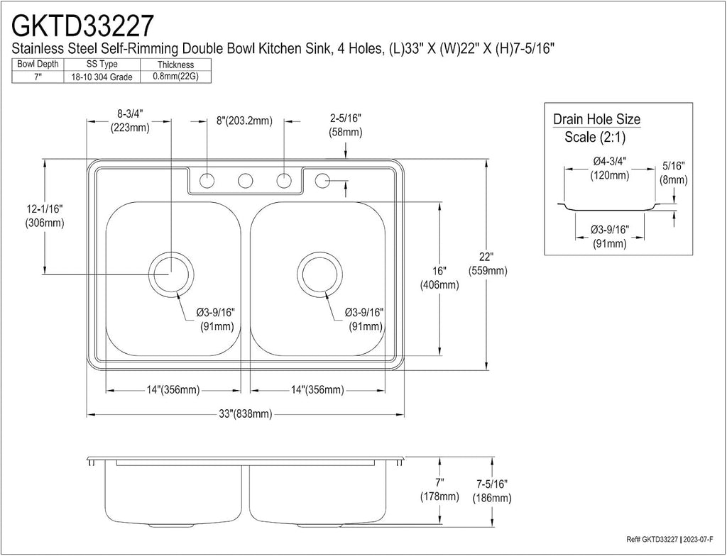 Kingston Brass Gourmetier GKTD33227 Self Rimming Stainless Steel Double Bowl Kitchen Sink 33-Inch-Length by 22-Inch-Width by 7-Inch-Height, Brushed Stainless Steel