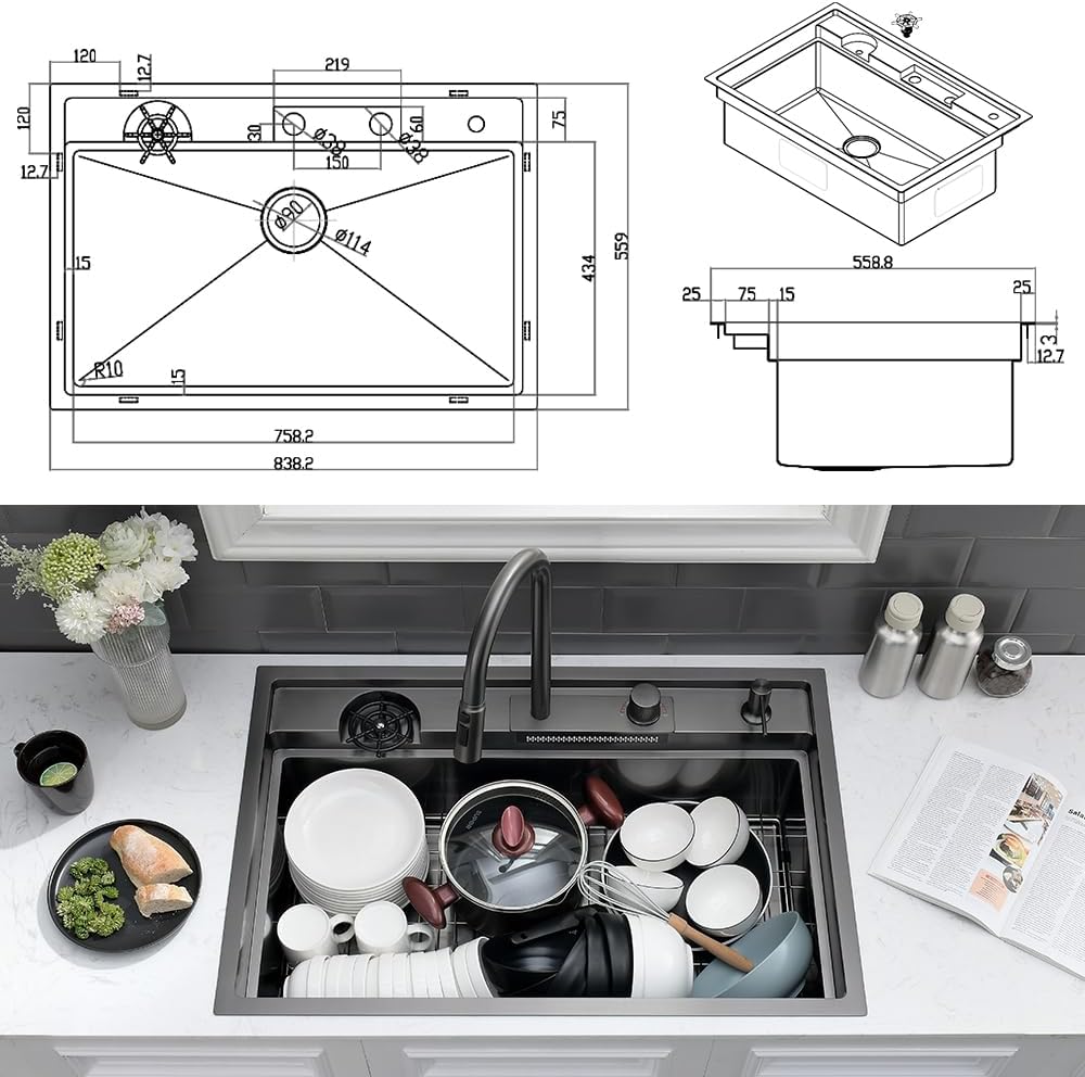 33 Black Drop In Waterfall Kitchen Sink Workstation-VASOYO 33x22 Black Stainless Steel Waterfall Kitchen Sink with Facuet and Cup Washer 16 Gauge Multifunctional Deep Single Bowl Topmount Smart Sinks