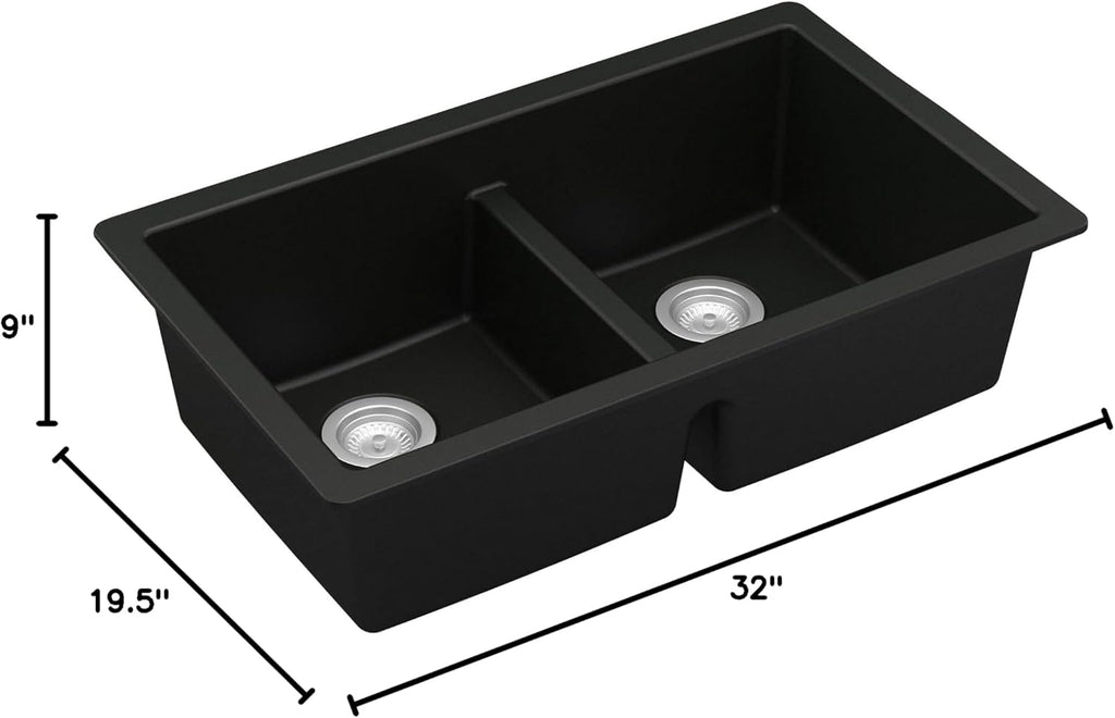 Karran 32' Black Quartz Composite Undermount Double Bowl Kitchen Sink with Low Divider – 50/50 Equal Bowl, 80% Natural Quartz, 535°F Heat Resistant, Sound Dampening, QU-810