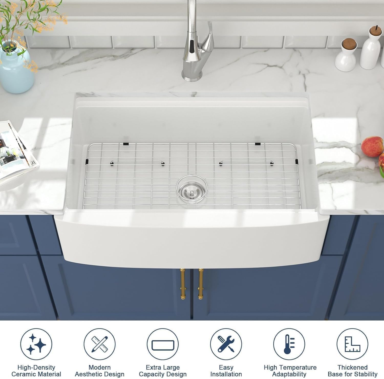 Lordear 33 Inch White Farmhouse Kitchen Sink – 33x21x10 Inch Fireclay Workstation Apron Front Single Bowl Porcelain Ceramic Farm Sinks