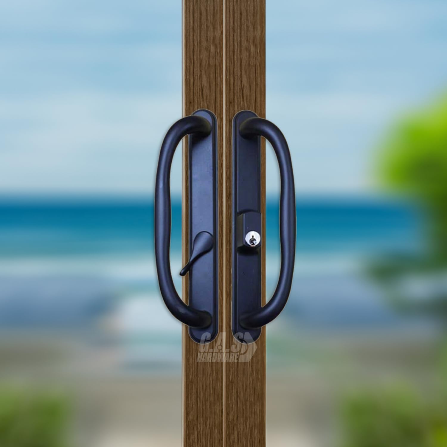 10' Olympus Sliding Patio Glass Door Black Offset Pull Handle Set Replacement with Keys fits 3 ¹⁵/₁₆ inches Hole Spacing, and 1-1/4' to 2-1/4' Door Thickness