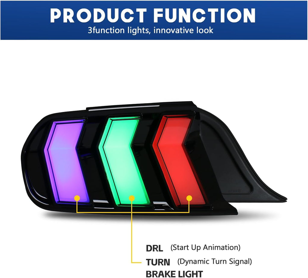 HCmotion LED Tail Lights For Ford Mustang Euro 2015-2023 (6 Lighting Modes), Start UP Animation With Sequential Turn Signal Rear Lamp Kit Assembly (Clear-RG)