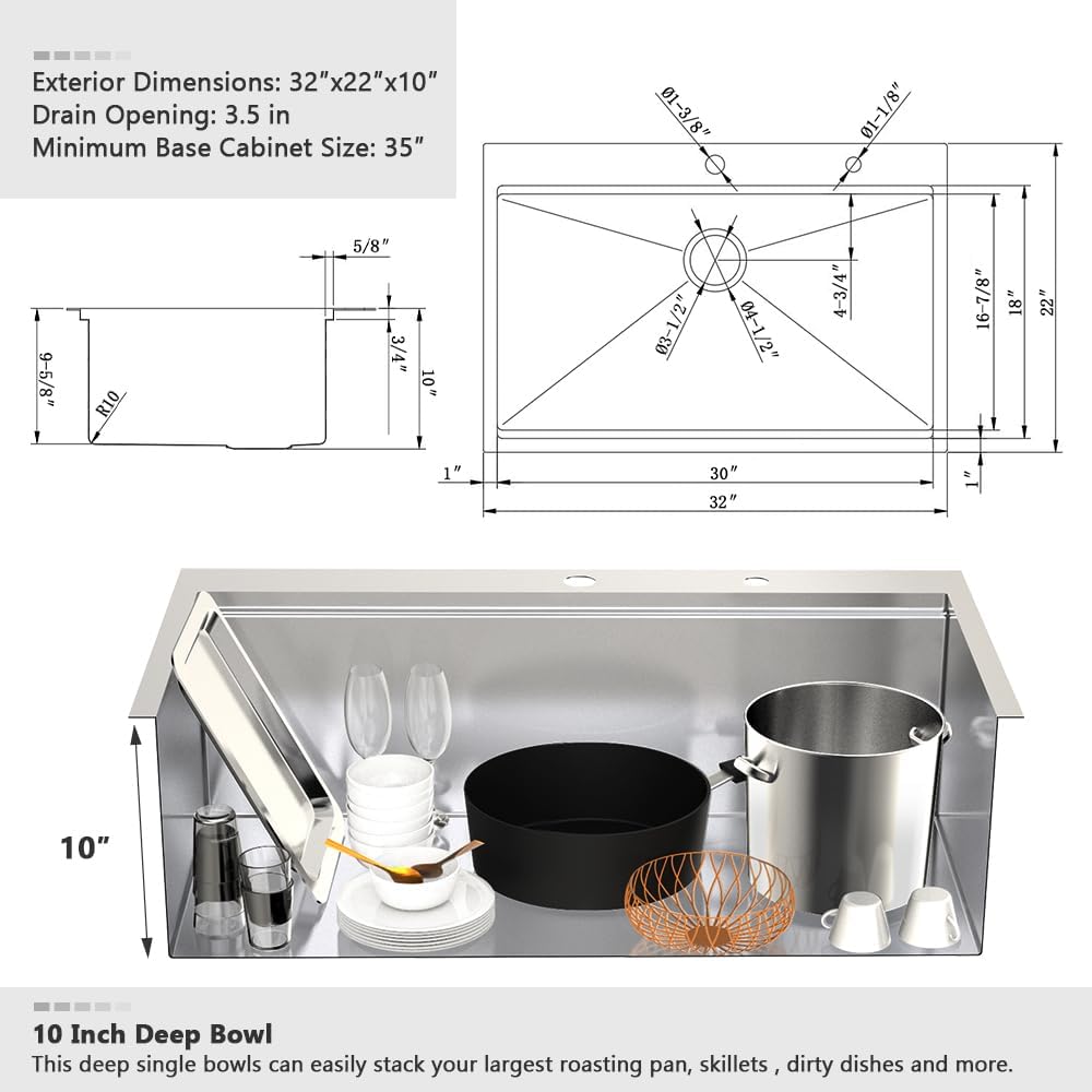 32 Inch Kitchen Sink Drop In Workstation-VASOYO 32x22 Stainless Steel Drop In Kitchen Sink Workstation 16 Gauge Single Bowl Deep Top Mount Sinks Stainless Sinks with Cutting Board