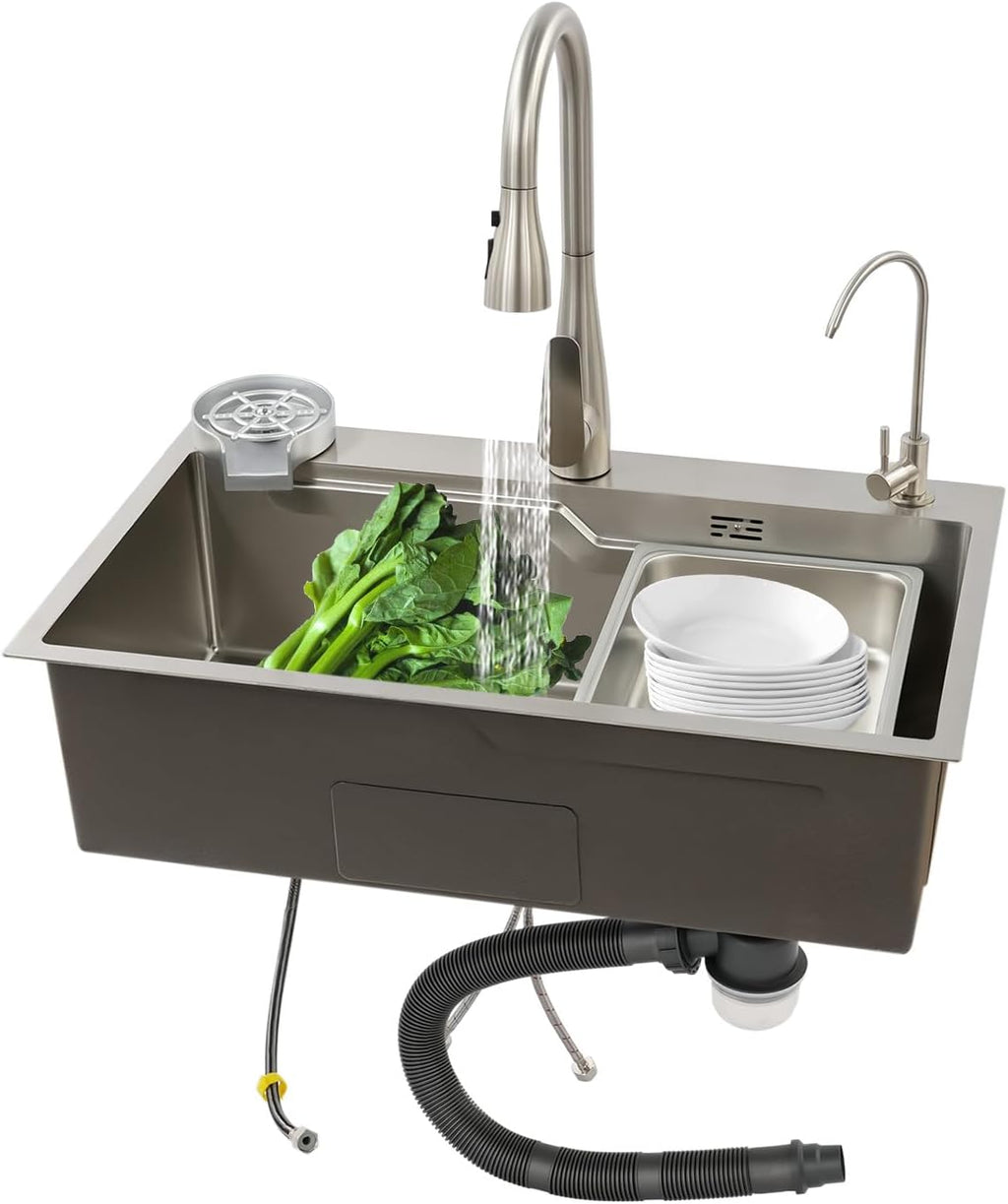 DYRABREST 29.5 Inch Stainless Steel Kitchen Sink Multi-Function Commercial Sink Set with Cutting Board & Basin-in-Basin, Drop-In/Undermount Install, Cup Rinser and Drainer for Restaurant Home (Silver)