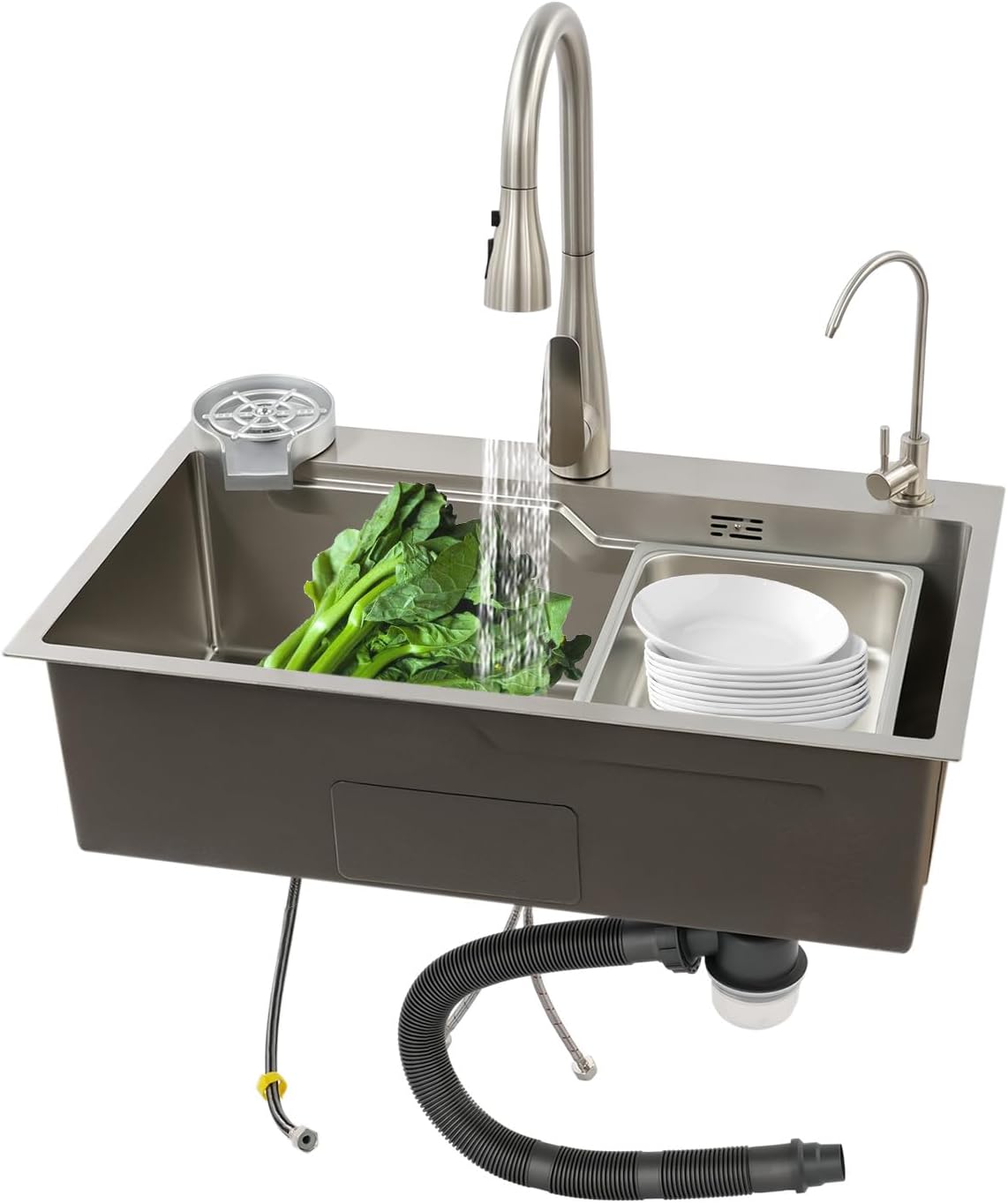 DYRABREST 29.5 Inch Stainless Steel Kitchen Sink Multi-Function Commercial Sink Set with Cutting Board & Basin-in-Basin, Drop-In/Undermount Install, Cup Rinser and Drainer for Restaurant Home (Silver)