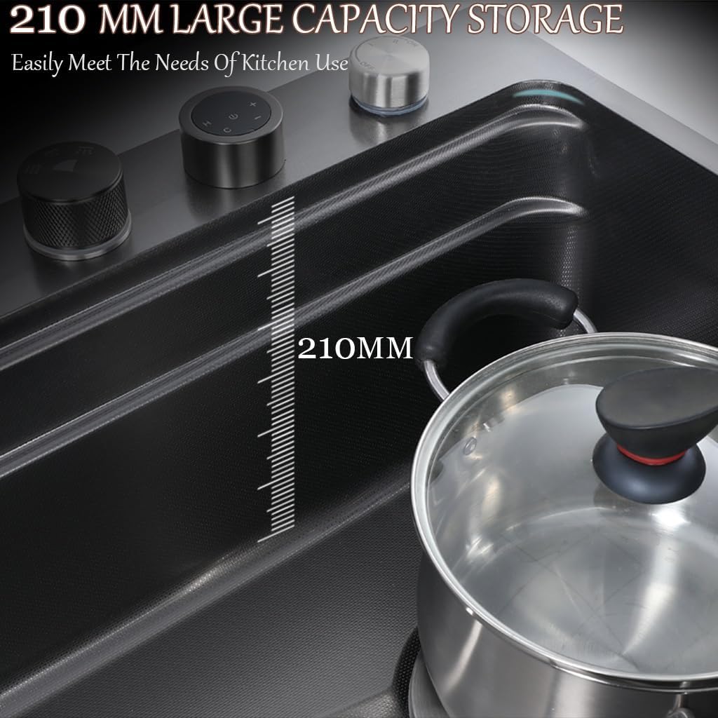 Stainless Steel Waterfall Kitchen Sink with Pull-Out Faucet Multi-Functional Single Bowl Bar Counter Kitchen Sink with Drain Basin Cutting Board and Cup Washer (Black 75x48x21cm)
