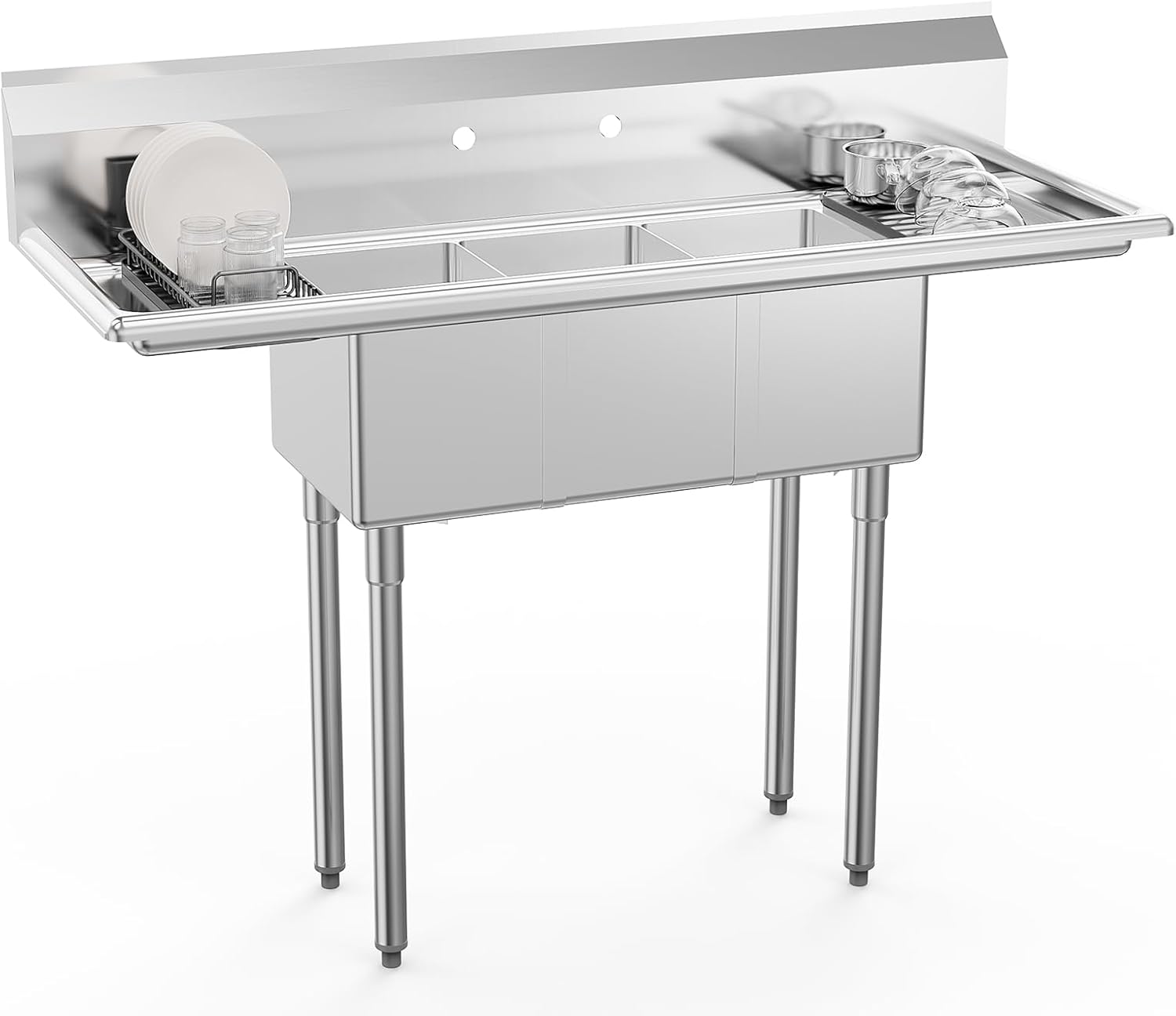 ROVSUN Commercial Sink, Stainless Steel Sink with 3 Compartment and 2 Sides Drain Rack, 20' x 54' x 43.5' Freestanding Utility Sink, Great for Restaurant Kitchen Laundry Room Garage Sunroom