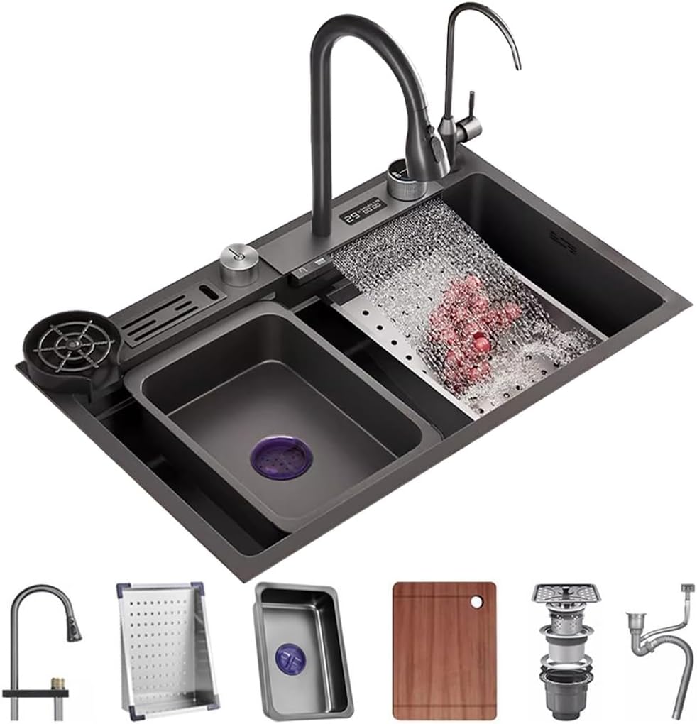 Waterfall Sink Stainless Steel Single-Bowl Kitchen Workstation Sink with Black-Grey Finish Waterfall Pull-Down Faucet and Complete Accessory Set (Color : Black, Size : 75x45x21cm) (Black 75x45x21