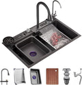Waterfall Sink Stainless Steel Single-Bowl Kitchen Workstation Sink with Black-Grey Finish Waterfall Pull-Down Faucet and Complete Accessory Set (Color : Black, Size : 75x45x21cm) (Black 75x45x21