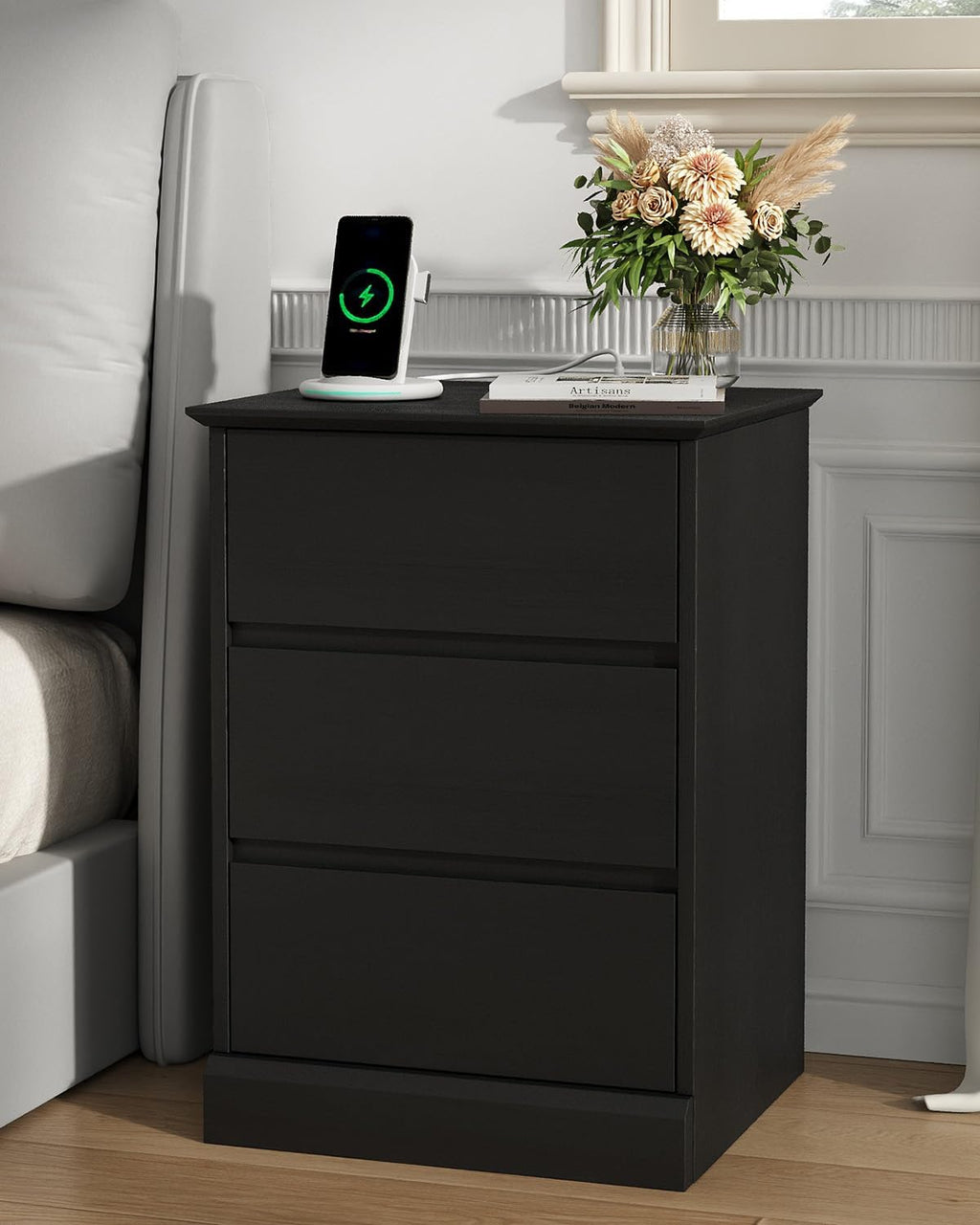 2 pcs Nightstand with Charging Station, Side Table with 3 Drawers, Wooden Bedside Table with Type C, USB Ports and Outlets for Bedroom, Black