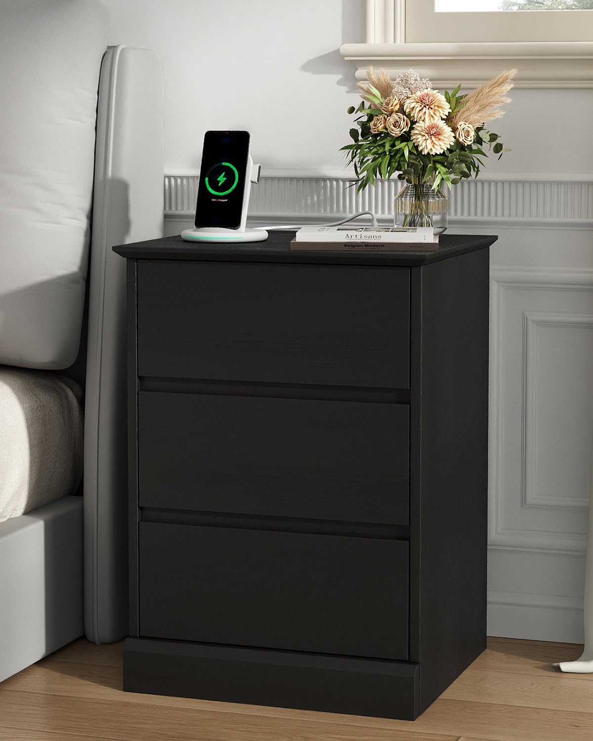 2 pcs Nightstand with Charging Station, Side Table with 3 Drawers, Wooden Bedside Table with Type C, USB Ports and Outlets for Bedroom, Black