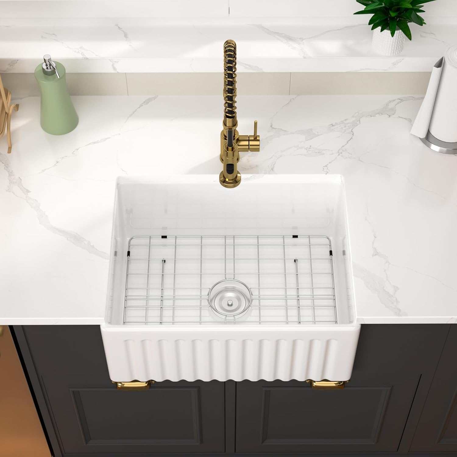 24 Inch White Farmhouse Sink - GhomeG 24 Inch White Fireclay Apron Front Kitchen Sink Single 10 Inch Deep Ceramic Farm Farmer Style Basin 24x18x10
