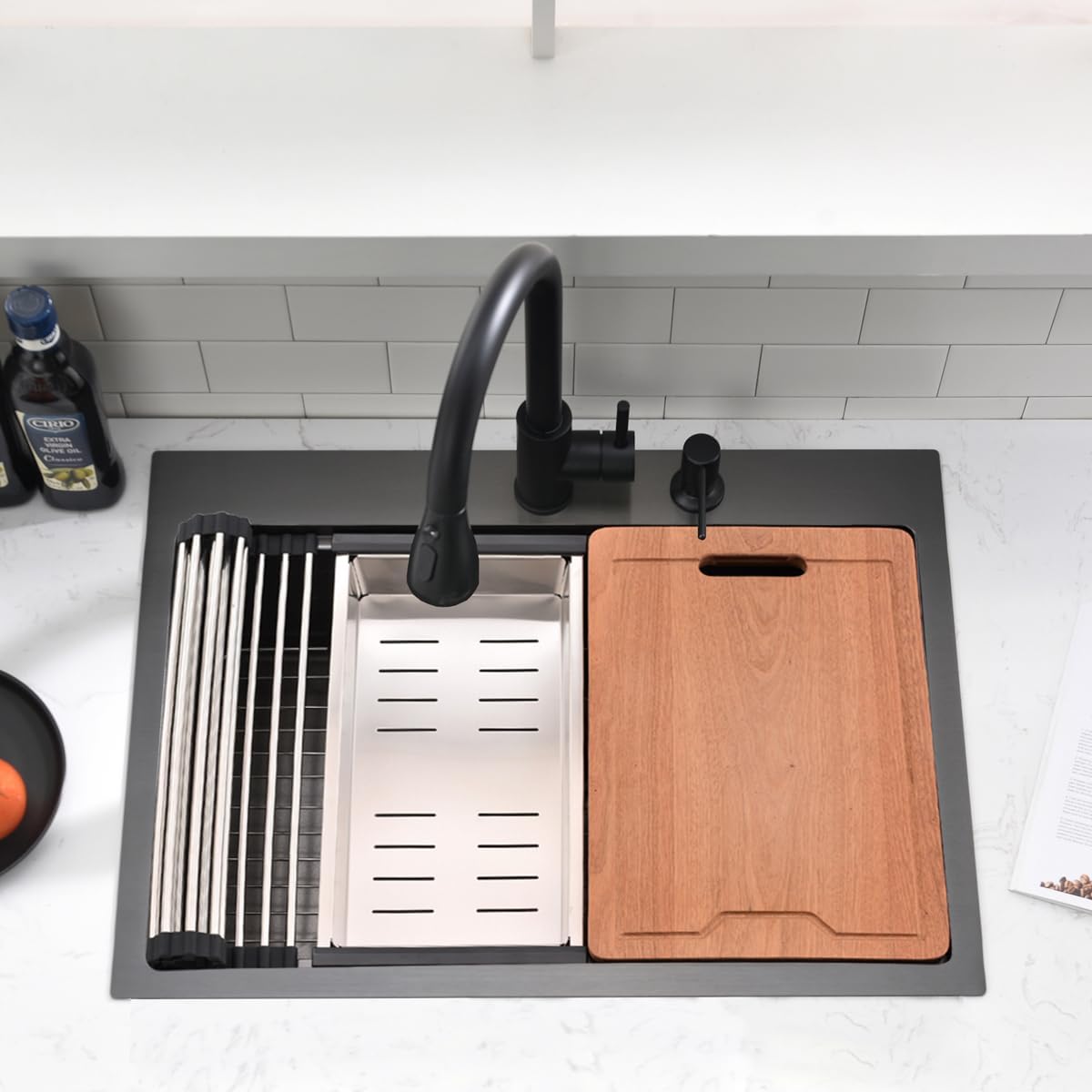 26 inch Black Drop in Kitchen Sink - VOKIM 26'x 19' Inch Drop in sink Workstation 16 Gauge Single Bowl top mount Sink With Cutting Board& colander