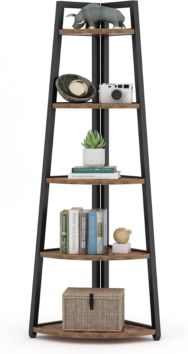 LITTLE TREE 5 Tier Tall Corner Shelf 70 Inch Corner Bookshelf Bookcase for Small Space