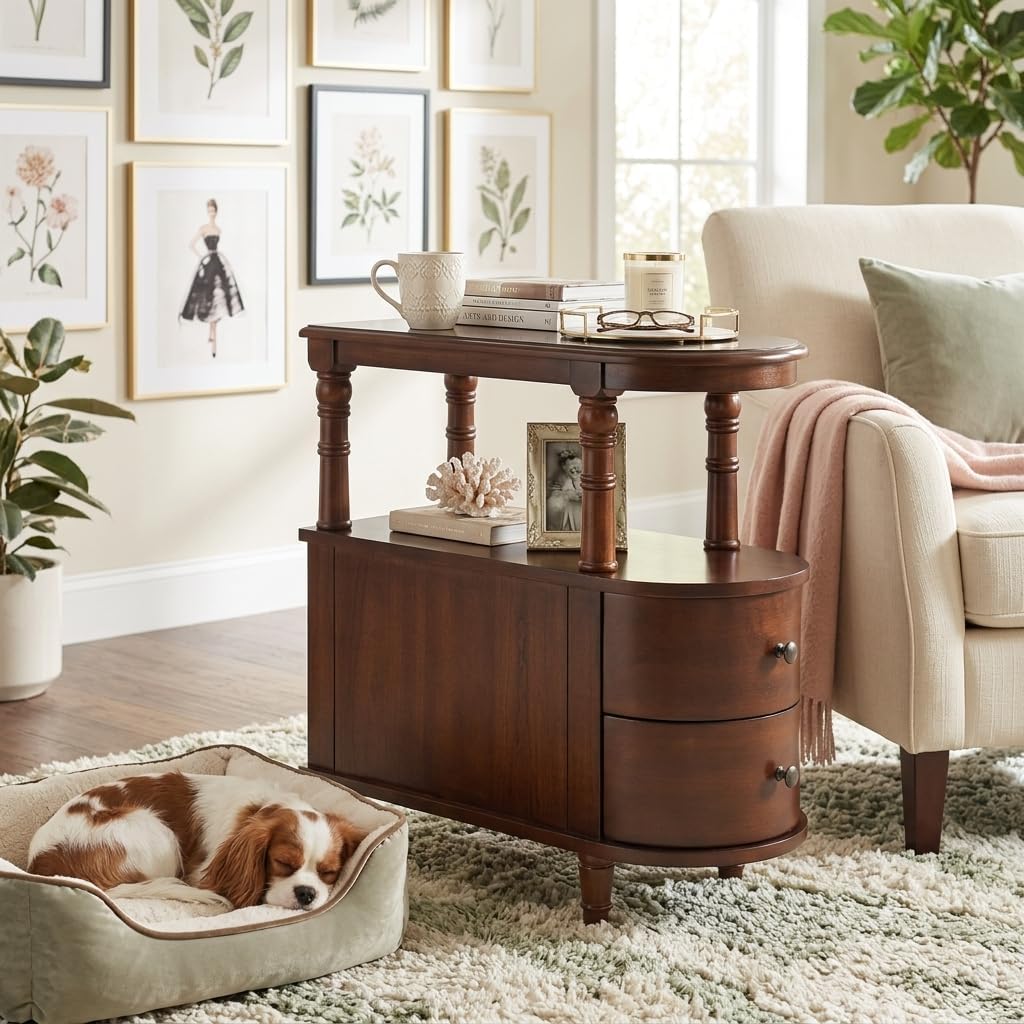 Narrow End Table with 2 Drawers and Storage Shelf, Slim Side Tables, Farmhouse Sofa Beside Table- for Small Spaces, Living Room Telephone Tables, Easy Assembly, Dark Brown BG-A508-CY