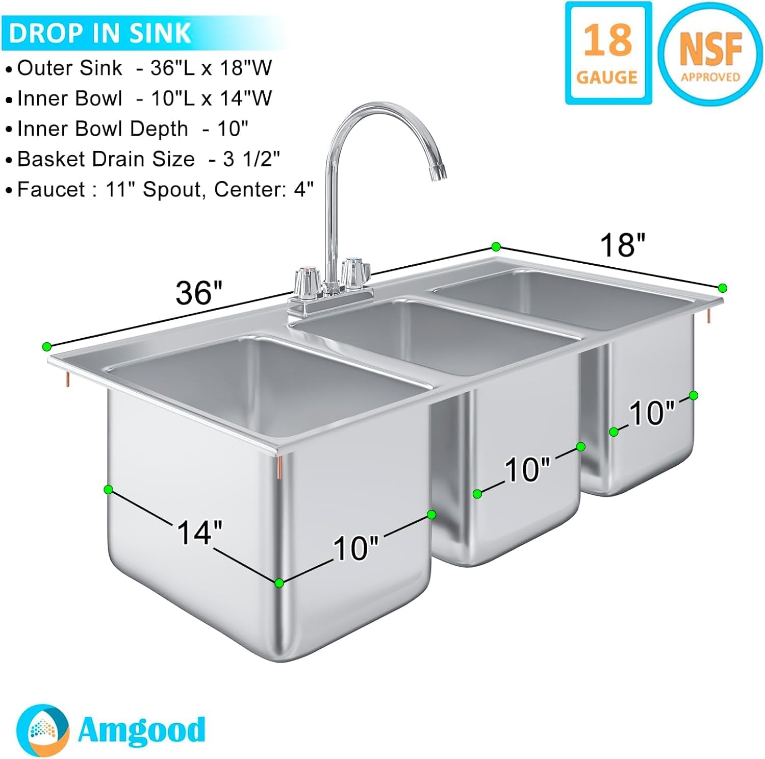 Premium Quality 36' Long Stainless Steel Compartment Drop-In Sink for Kitchen, Laundry and Garage | Commercial Sink for Restaurant | NSF Certified (3 Bowl 10' x 14' x 10')