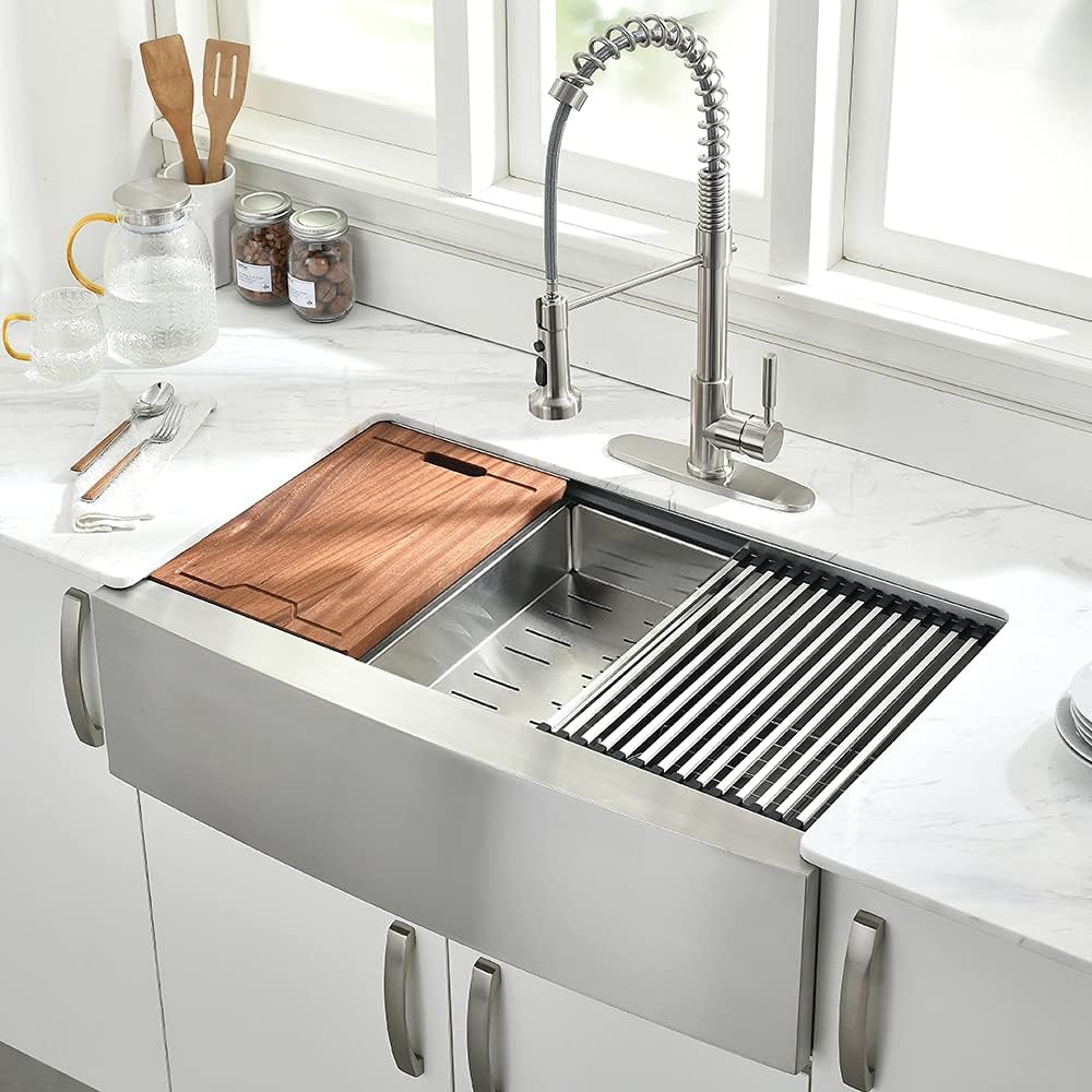 33Inch Farmhouse Kitchen Sink -VOKIM 33'x22' Apron Front Kitchen Sink Workstation Single Bowl 16 Gauge Stainless Steel Kitchen Farm Kitchen Sinks with Accessories