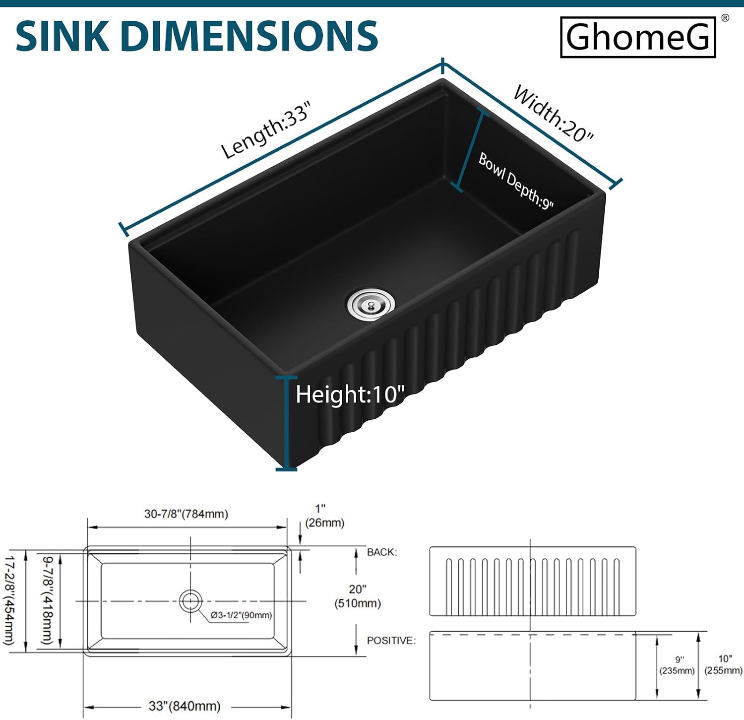33 Inch Black Farmhouse Sink 33x20x10 Black Fireclay Apron Front Kitchen Sink Single 10 Inch Deep Ceramic Farm Farmer Style Workstation Basin