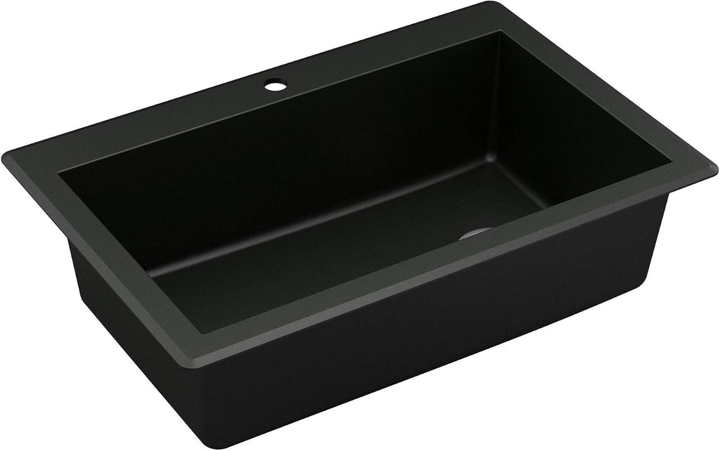 Karran QT-670 Drop-In/Top Mount 33' Single Bowl Granite Quartz Composite Kitchen Sink in Black Right Side Drain, Extra Deep 9' Basin, Heat & Scratch Resistant, Sound Dampening