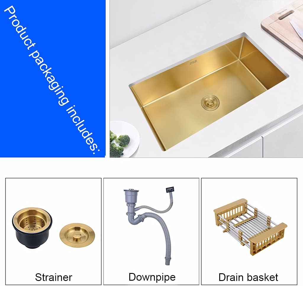 Kitchen Sink Large Gold Square 304 Stainless Steel Sink Single Bowl Bar Preparation with Drain Pipe Drop-in Or Undermount (Color : Gold, Size : 78×43×21cm) (Gold 78×43×21cm)
