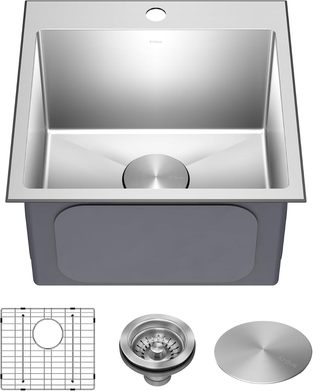KRAUS 18 x 18 inch Standart PRO™ Drop-In Top Mount 16 Gauge Single Bowl 1-Hole Stainless Steel Kitchen Sink Set (5 Item Bundle: Sink, Bottom Grid, Drain Assembly, Drain Cap, Kitchen Towel), KHT301-18