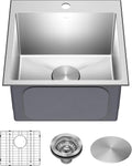 KRAUS 18 x 18 inch Standart PRO™ Drop-In Top Mount 16 Gauge Single Bowl 1-Hole Stainless Steel Kitchen Sink Set (5 Item Bundle: Sink, Bottom Grid, Drain Assembly, Drain Cap, Kitchen Towel), KHT301-18