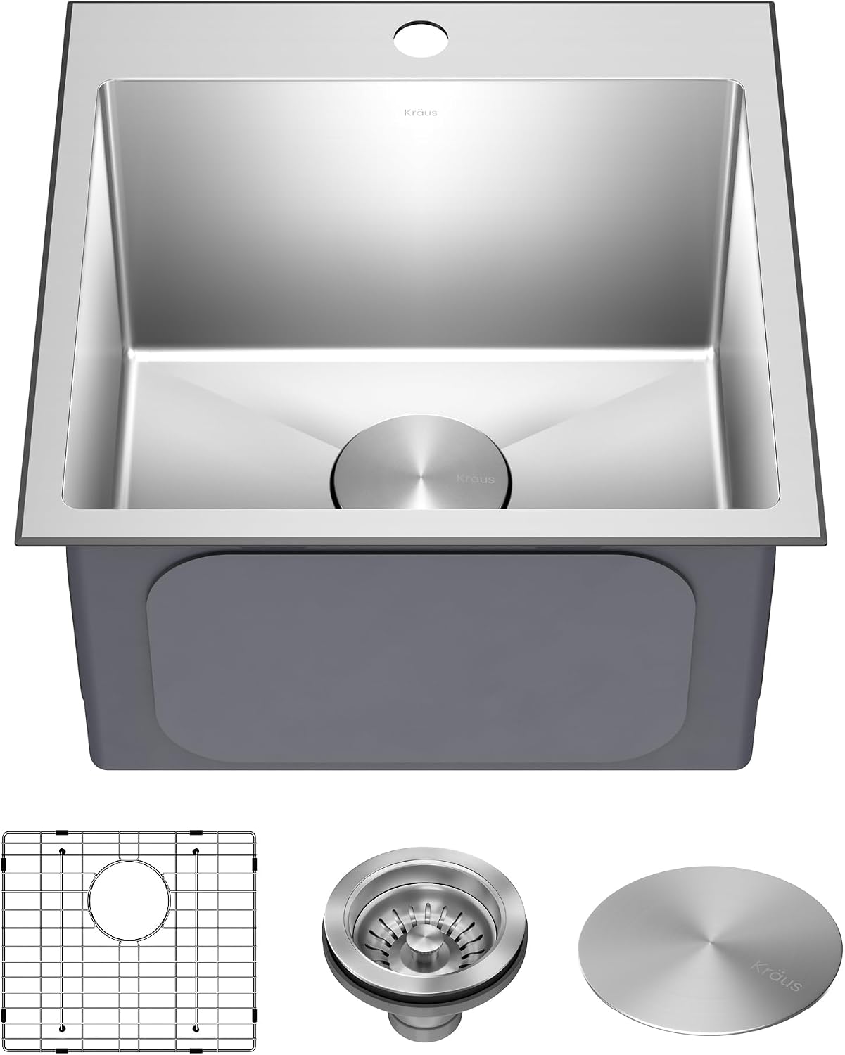 KRAUS 18 x 18 inch Standart PRO™ Drop-In Top Mount 16 Gauge Single Bowl 1-Hole Stainless Steel Kitchen Sink Set (5 Item Bundle: Sink, Bottom Grid, Drain Assembly, Drain Cap, Kitchen Towel), KHT301-18