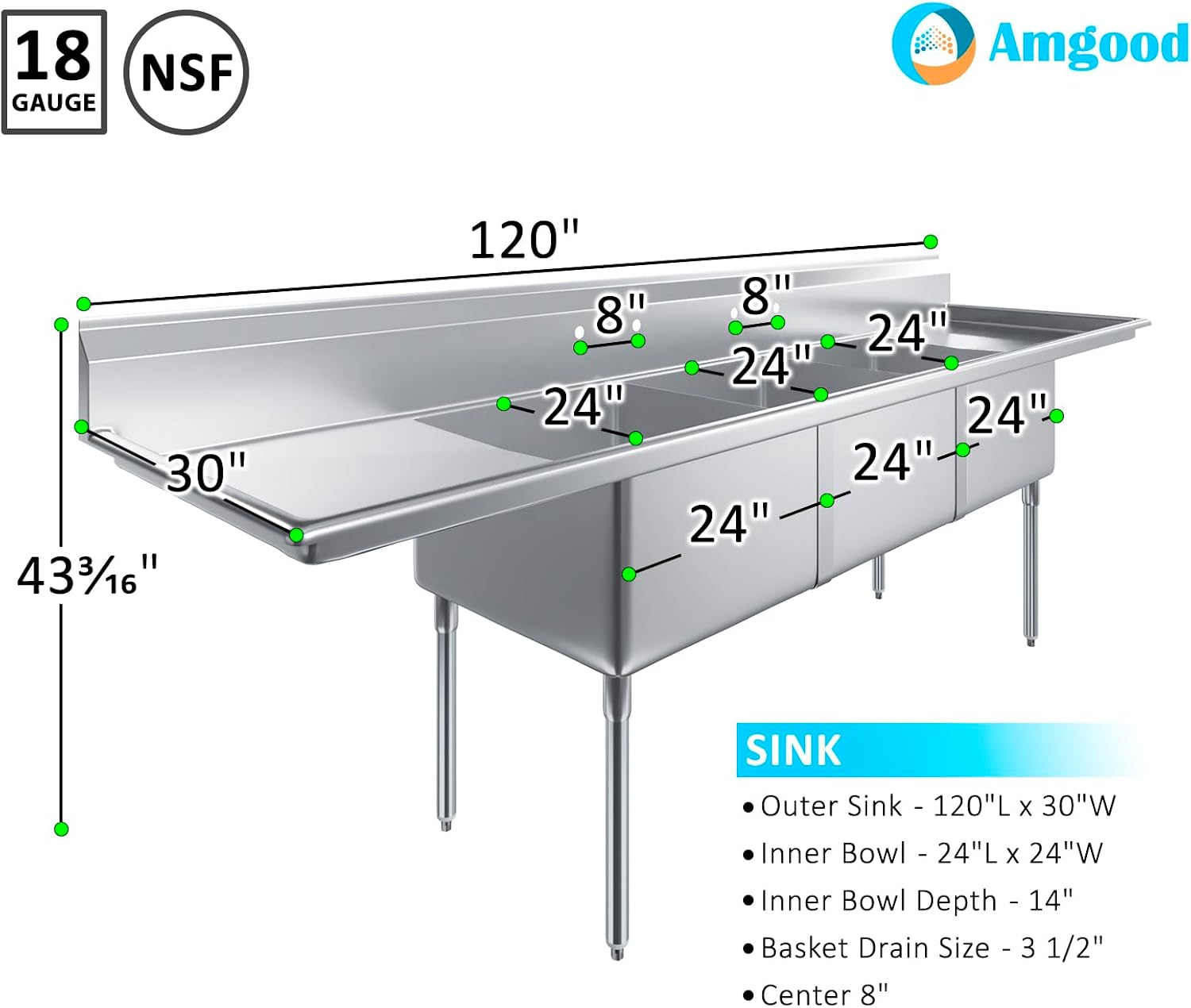 120 in. x 30 in. Stainless Steel Three Compartment Sink with 24 in. x 24 in. x 14 in. Bowls and Dual 24 in. Drainboards