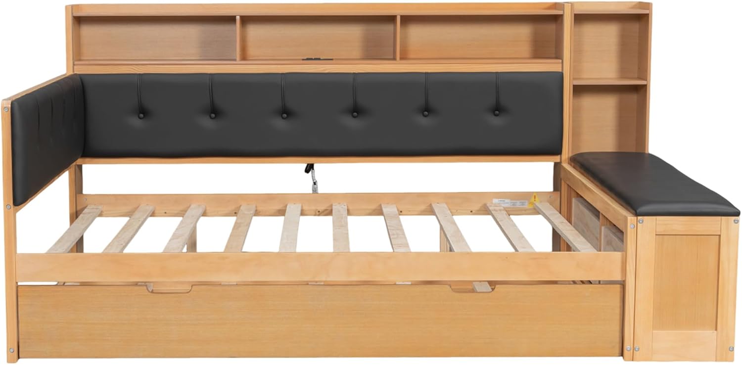 SOFTSEA Full Size Daybed with Trundle, Storage & Charging Station, Wooden Corner Daybed Frame with Upholstered Headboard & Bench for Bedroom or Apartment, No Box Spring Needed, Natural