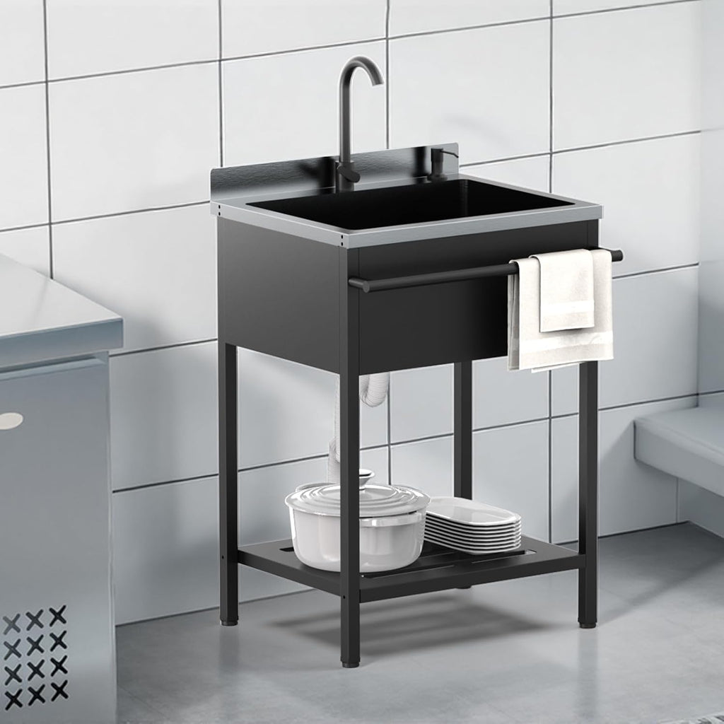 ROVSUN Black Electroplated Stainless Steel Utility Sink with Towel Rack and Storage Shelf, 20.7'D x 25.7'W x 38.9'H Freestanding Laundry & Prep Sink for Home, Restaurant, Garage, and Outdoor Use