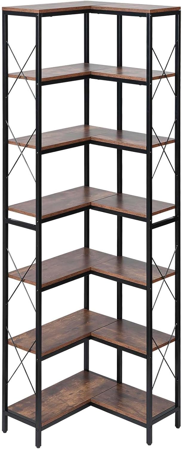 VEVOR 7 Tier Corner Bookshelf, 79' Tall Corner Bookcase with Heavy Duty Metal Frame & Wooden Shelves, Industrial Reversible L Shaped Corner Display Shelf for Bedroom, Living Room, Office