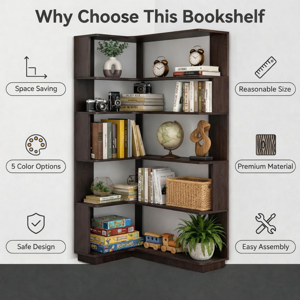 5 Tier Corner Bookshelf, Freestanding L-Shaped Wooden Bookcase with Open Shelves, Anti-Fall Panels and Anti-Tipping Device for Living Room, Home Office (Ox Blood Red with Right Extension)