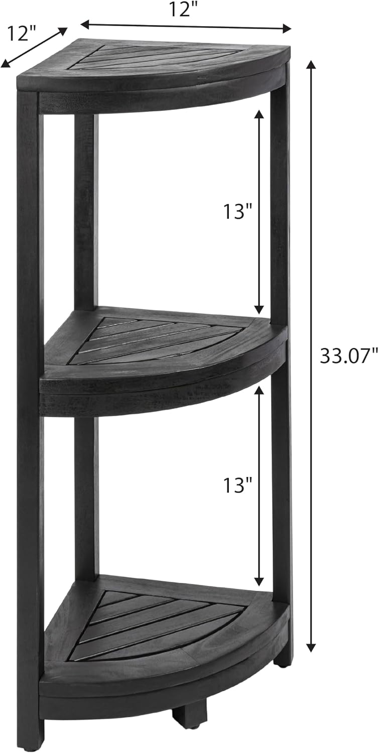 happimess SHF1000B Sela 33' Classic Minimalist 3-Tier Acacia Wood Freestanding Bathroom Corner Shelf, Shower Organizer, Storage Rack for Bath, Office, Kitchen Desktop, Black