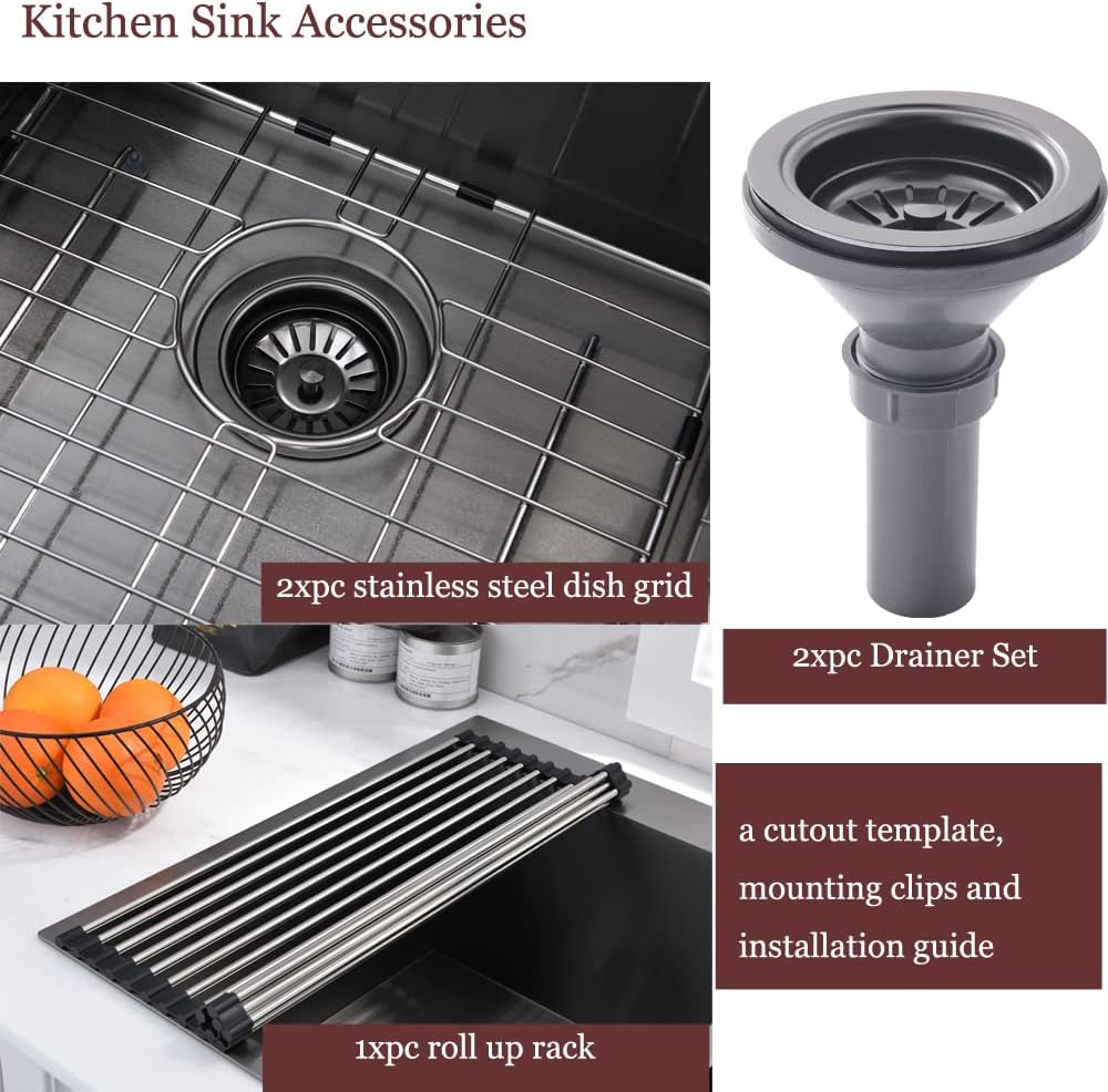 33 Inch Black Double Bowl Drop In Kitchen Sink-Bokaiya 33x22 Drop In Kitchen Sink 50/50 Double Bowl 16 Gauge Deep Low Divided Stainless Steel Basin with Roll Up Rack