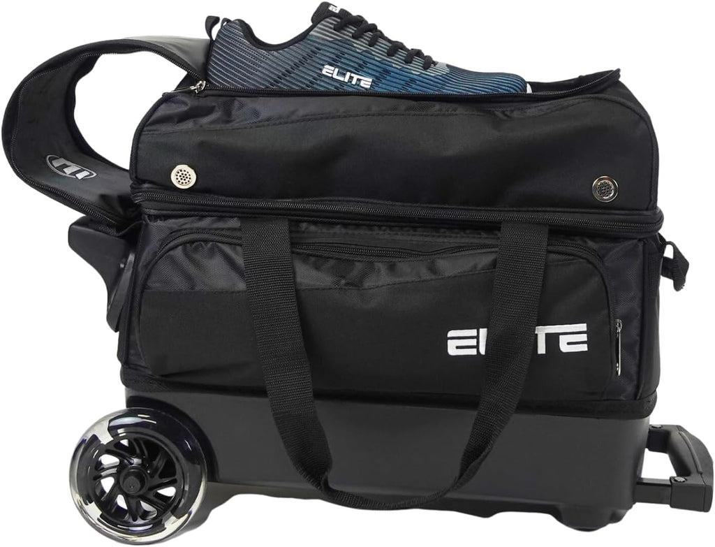 ELITE Deluxe 2 Ball Bowling Bag with 5' Smooth Wheels - Large Accessory Pocket, Shoe Compartment, 36' Extendable Handle