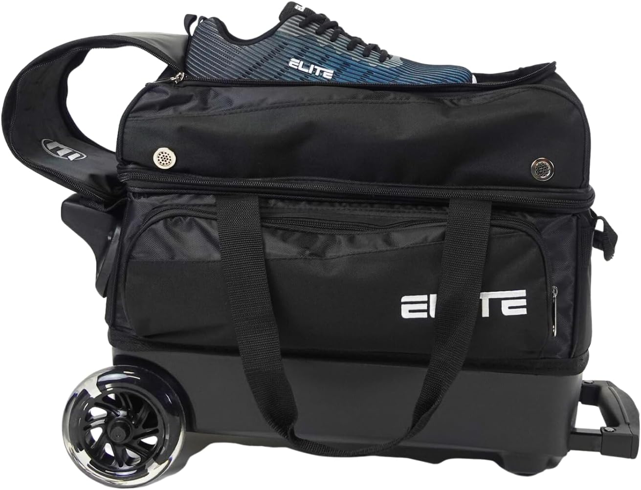 ELITE Deluxe 2 Ball Bowling Bag with 5' Smooth Wheels - Large Accessory Pocket, Shoe Compartment, 36' Extendable Handle