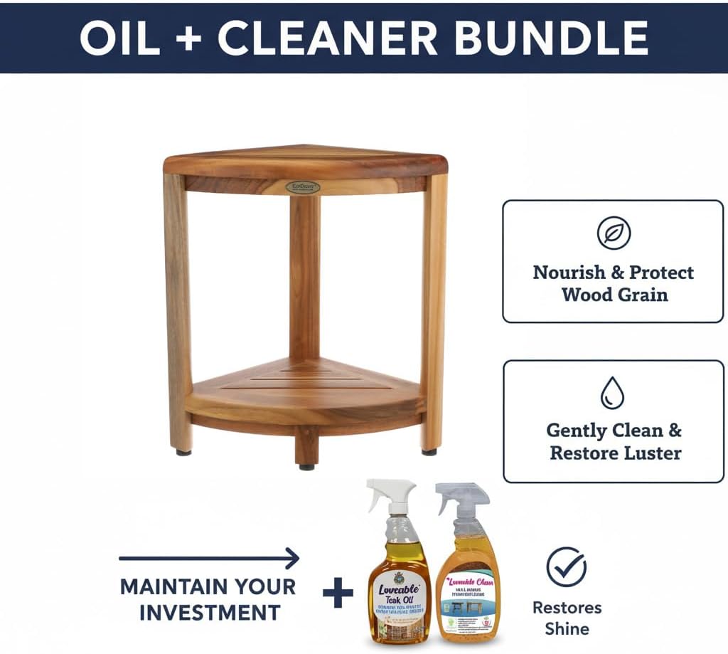 EcoDecors Fully Assembled SnazzyCorner® 18' Teak Shower Bench, Corner Shower Stool, w Shelf, Plus Loveable Teak Oil Spray Bottle 24 oz, Loveable Teak Cleaner 32 oz, Space Saver Corner be