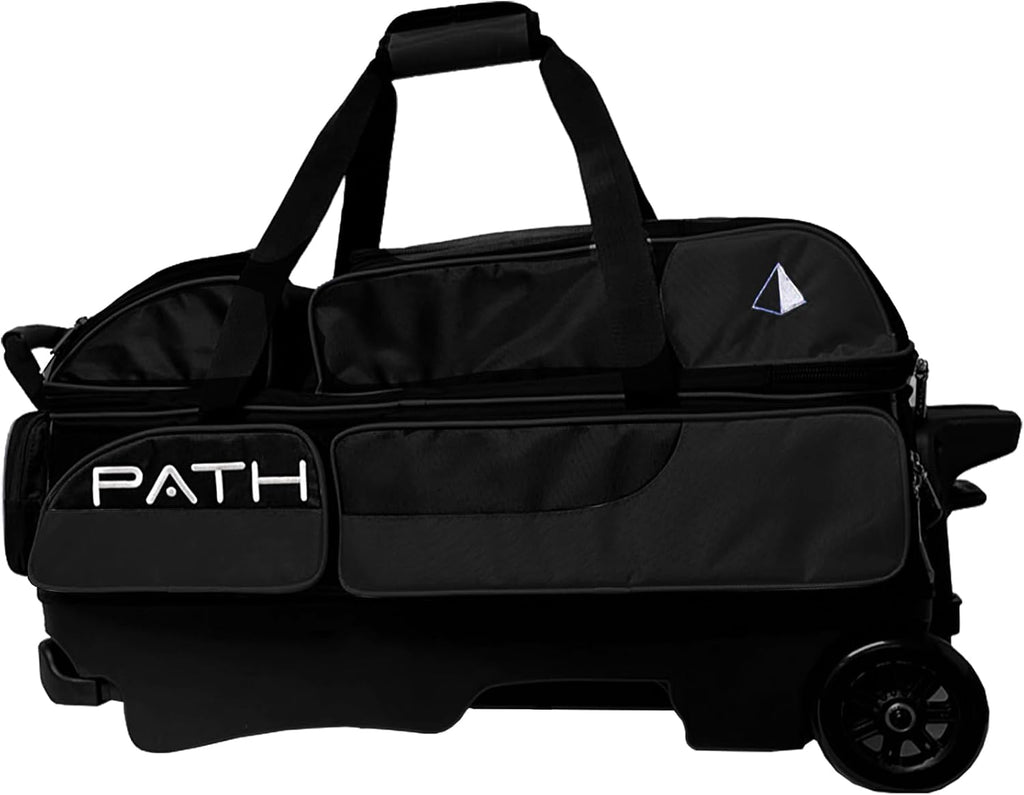 Pyramid Path Triple Premium Deluxe Roller Bowling Bag With Extra Large Separate Shoe Compartment (Up To US Mens Size 16) and 5 Accessory Pockets, 5' Wheels, Retractable Locking Handle - Extends to 42'