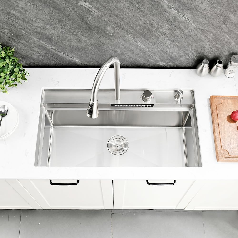 33 Inch Undermount Waterfall Kitchen Sink, 33x19 Undermount Kitchen Sink Stainless Steel Kitchen Sink with Faucet 16 Gauge Single Bowl Multifunctional Kitchen Sink