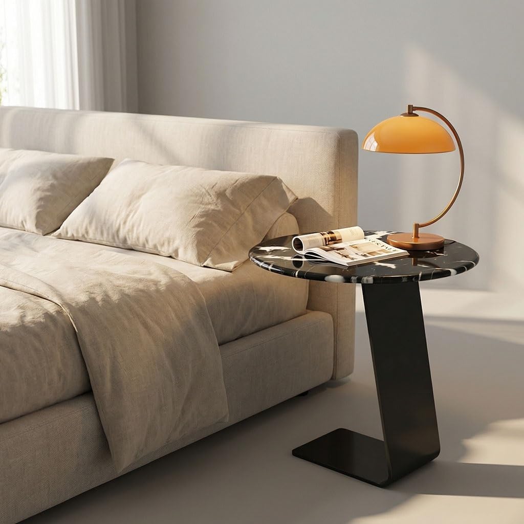 25.5-Inch High C-Shaped End Table with Marble Top & Black Metal Frame, Modern Space-Saving Sofa Side Table for Living Room, Bedroom, Small Spaces(C)